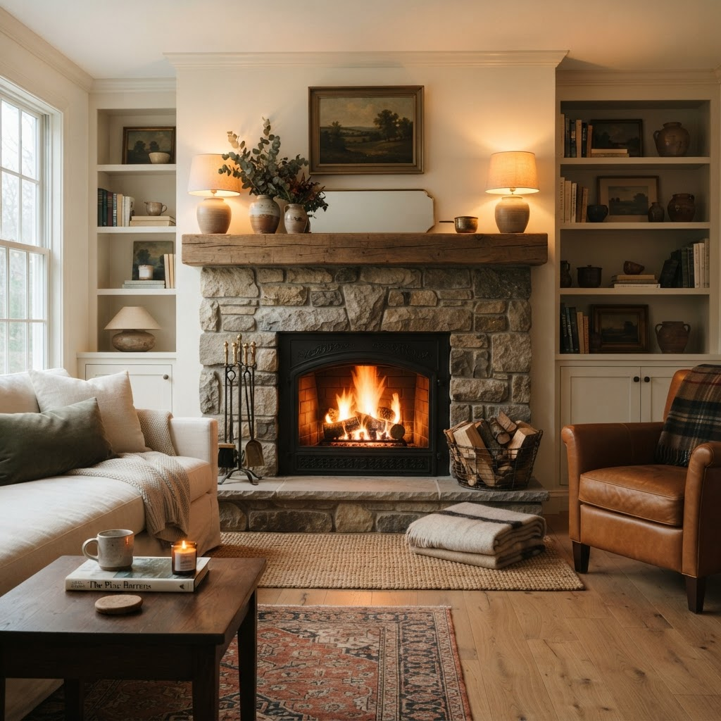 Warm fire in a well-maintained traditional fireplace