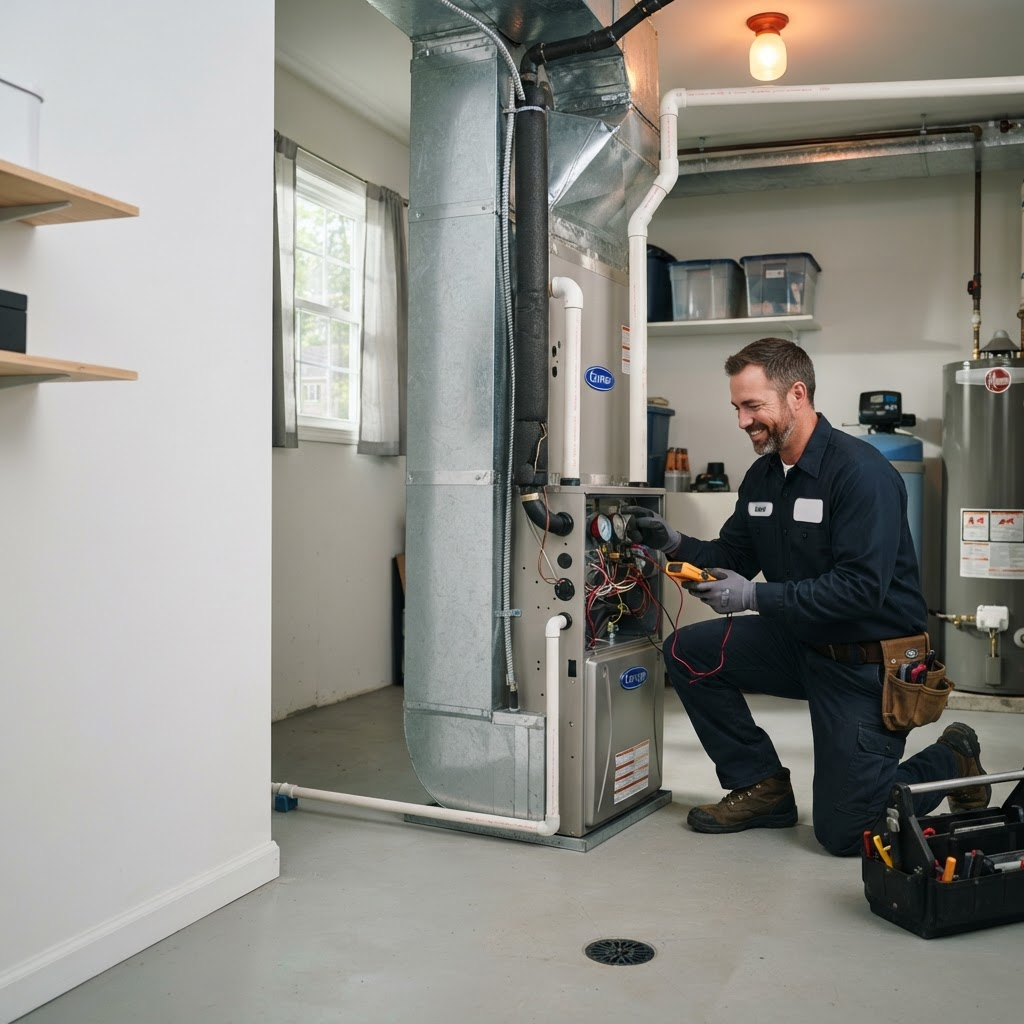 HVAC technician inspecting a home heating system
